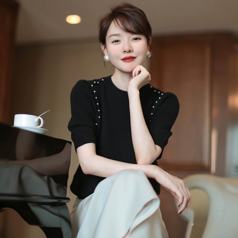 溫柔女主氣質高顏值珍珠繡羊絨針織衫潮夏季韓版套頭圓領打底衫女23032503