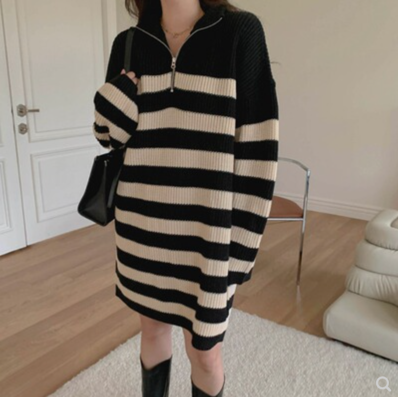 半拉鍊針織連衣裙女秋冬半拉鍊長袖條紋毛衣裙新款寬松裙子23032606