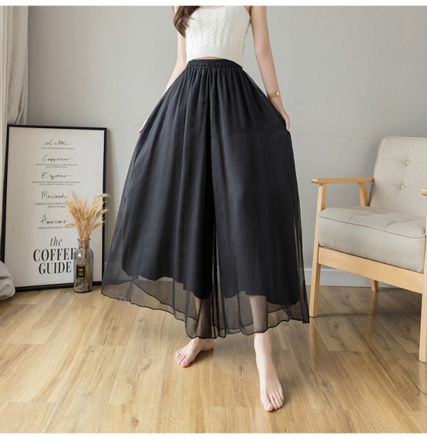 藏青色雪紡大闊腿褲夏季新款氣質裙褲杏色黑色垂感飄逸半身裙23040402