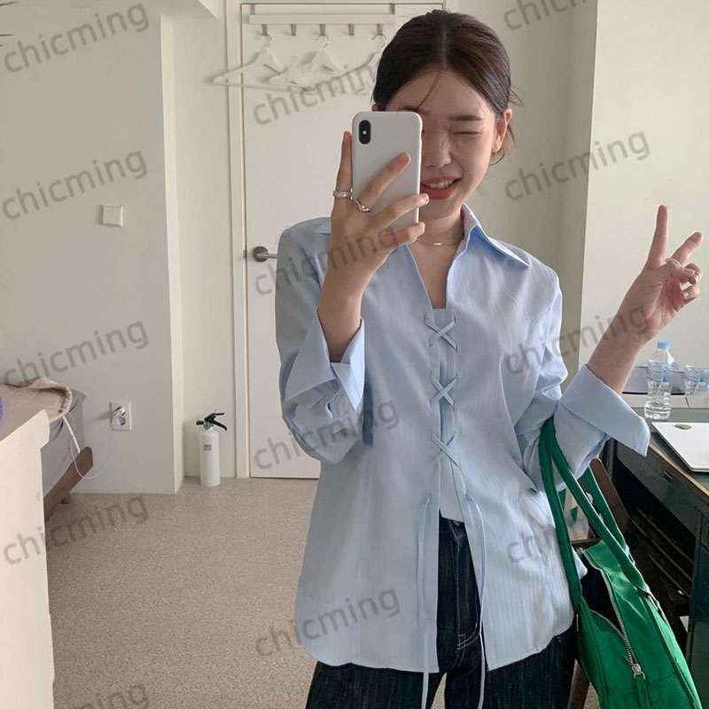秋休閒溫柔chic風韓版寬松藍色交叉綁帶襯衫女恭叄23040905