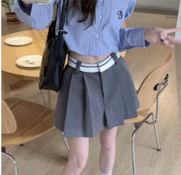 學院美式休閒A字百褶半身裙褲23041302