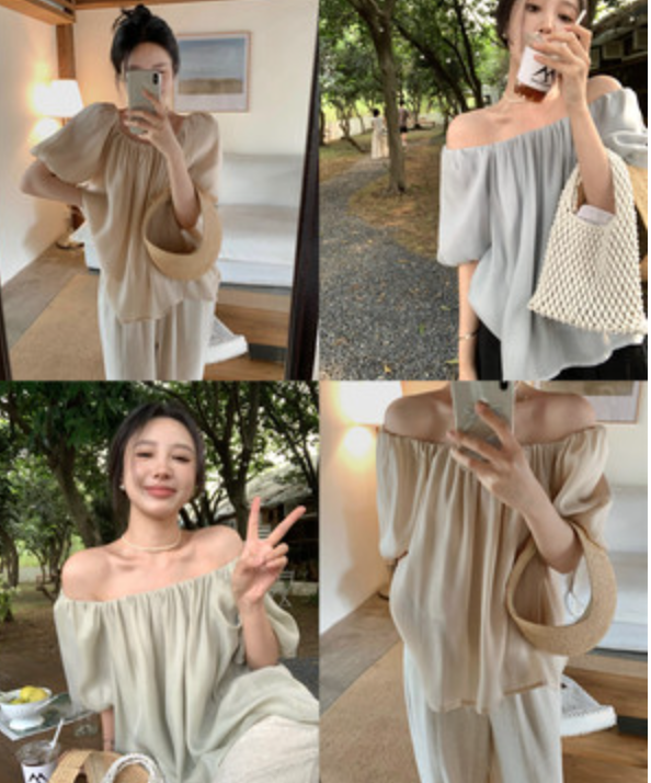 PPHOME仙氣法式天絲夏季薄款露肩一字肩防曬襯衫上衣23041401