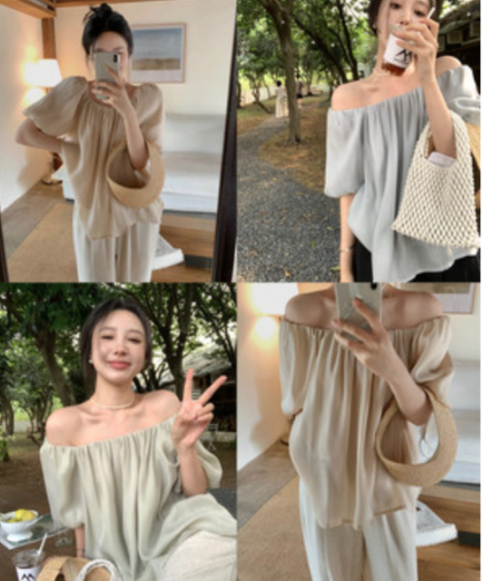 PPHOME仙氣法式天絲夏季薄款露肩一字肩防曬襯衫上衣23041401
