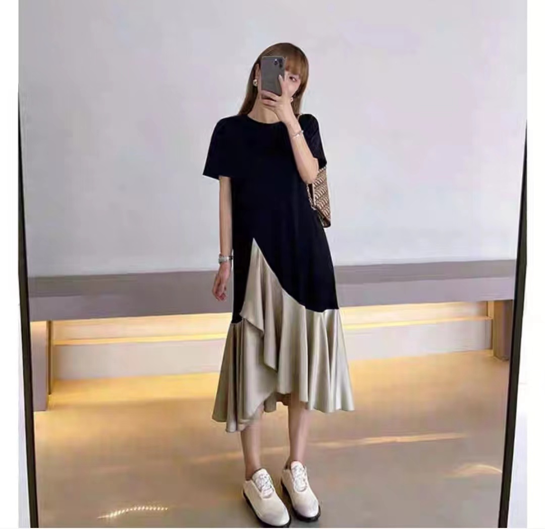 設計感短袖連衣裙女夏季大碼寬松假兩件不規則過膝T恤裙23041806
