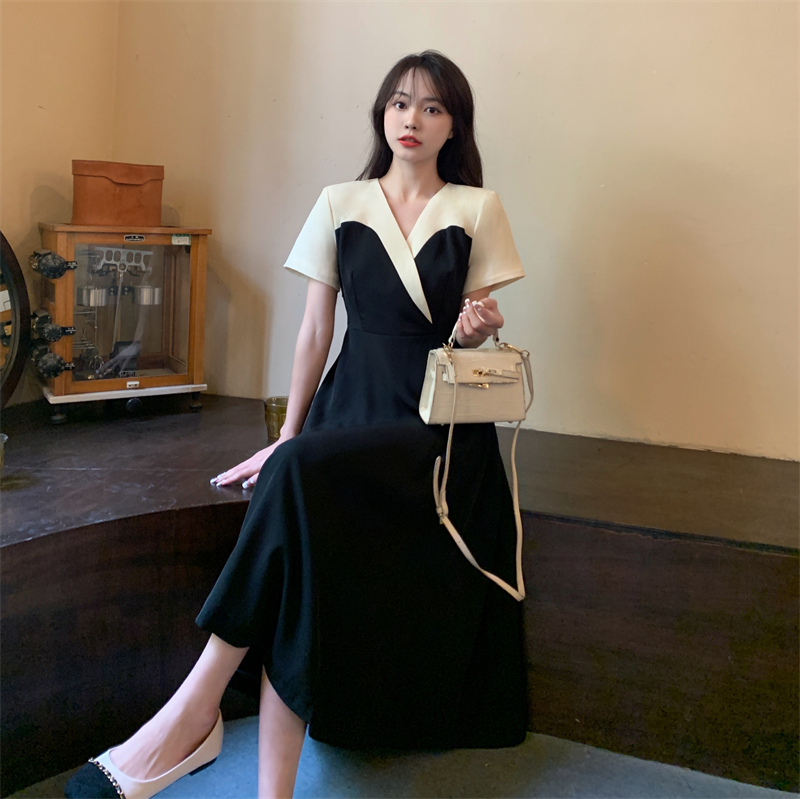 拼接撞色連衣裙女夏裝新款法式復古赫本風氣質長裙23041907