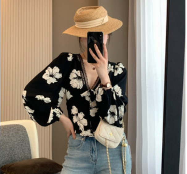 走歐洲50歐元法式花朵碎花V領小衫襯衫連衣裙碎花裙女23050605