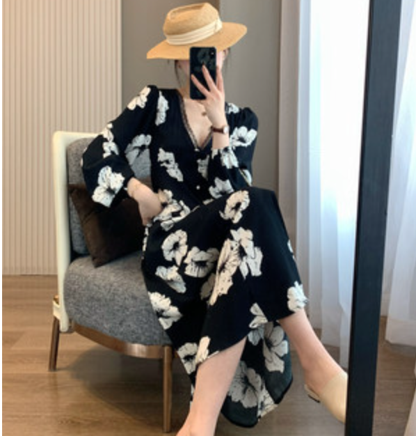 走歐洲50歐元法式花朵碎花V領小衫襯衫連衣裙碎花裙女23050605