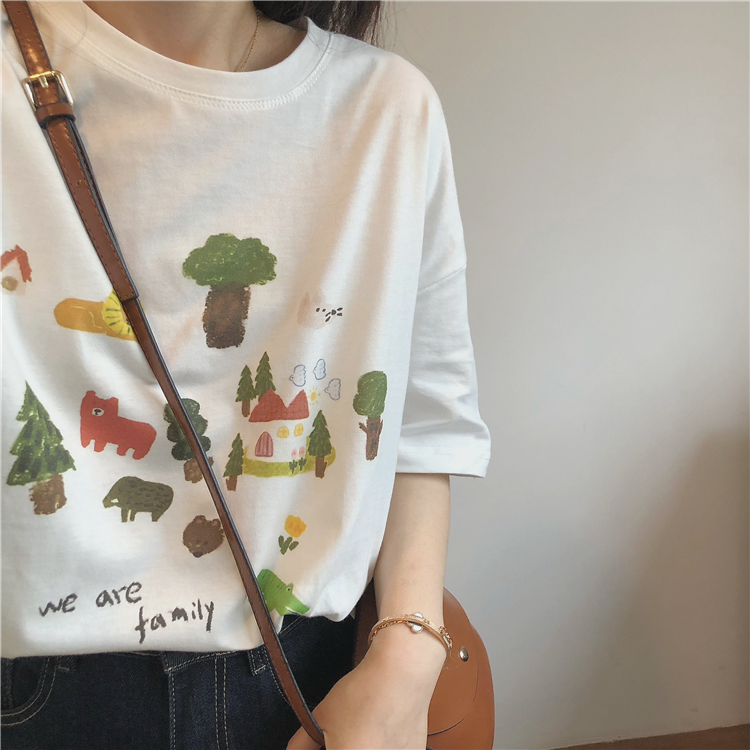 陽光森林活潑可愛彩色手繪卡通T恤女寬松百搭短袖OP23050602