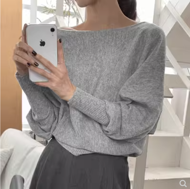 韓國chic秋季復古氣質圓領套頭純色寬松百搭燈籠袖針織衫毛衣女23051303