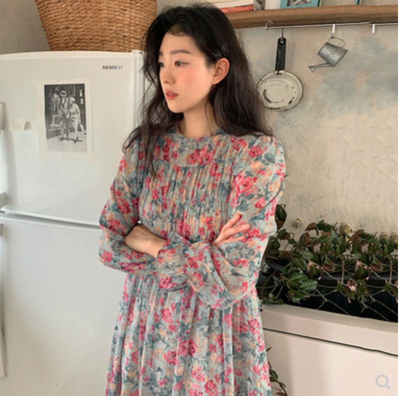 韓國chic早春甜美小碎花圓領褶皺感設計寬松長款泡泡袖連衣裙女23051305
