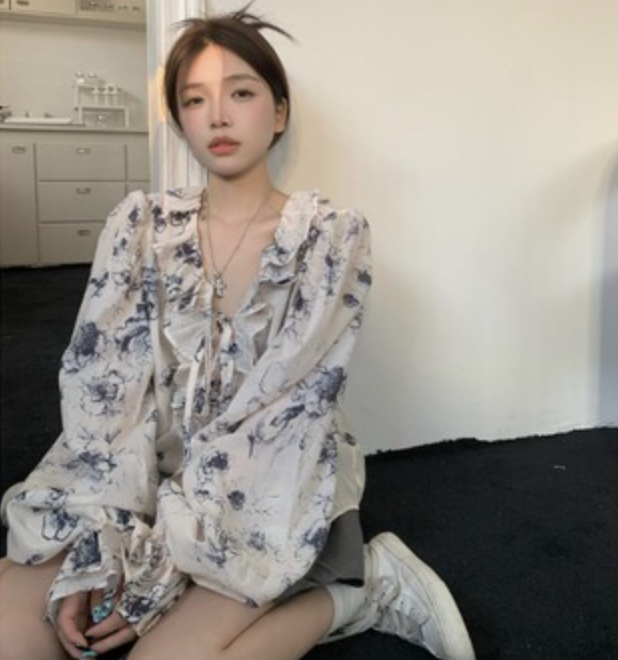 荷葉邊上衣女秋法式溫柔設計感小眾別緻獨特韓系chic印花長袖襯衫23051804