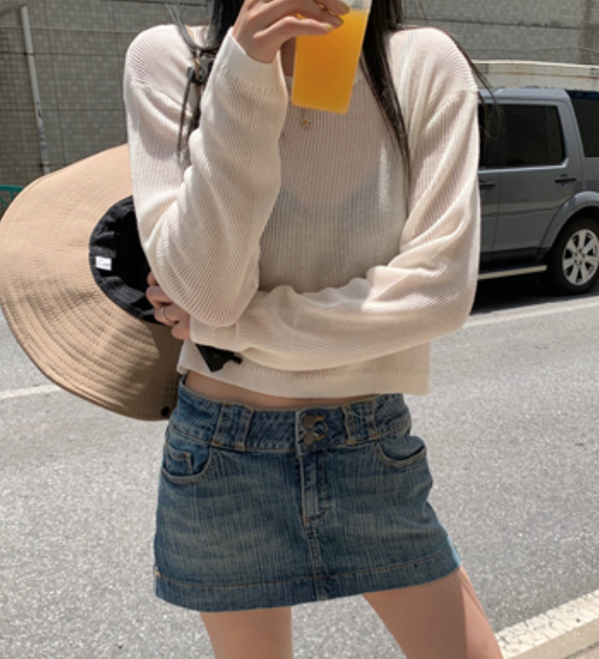 夏季新款薄款寬松顯瘦短款t恤長袖防曬針織鏤空上衣23052402
