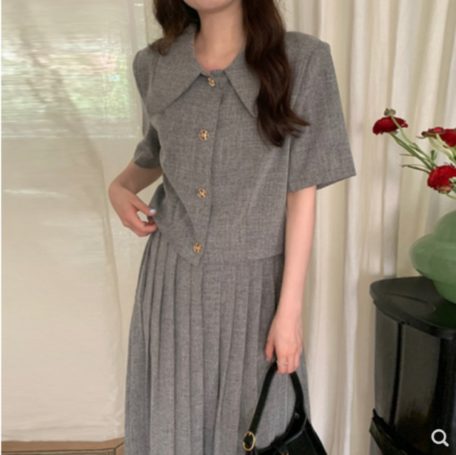 韓國chic夏季復古小香風翻領寬松短袖外套高腰百搭百褶半身裙女23052414