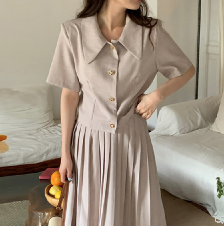 韓國chic夏季復古小香風翻領寬松短袖外套高腰百搭百褶半身裙女23052414
