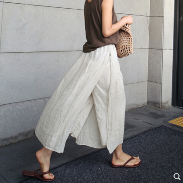 亞麻大開叉裙褲一體女春夏寬松大碼休閒九分褲假兩件棉麻闊腿褲裙23052805