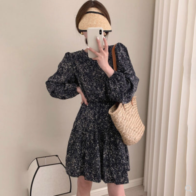 韓國chic春季復古優雅圓領撞色碎花拼接荷葉邊雪紡連衣裙短裙女23053002