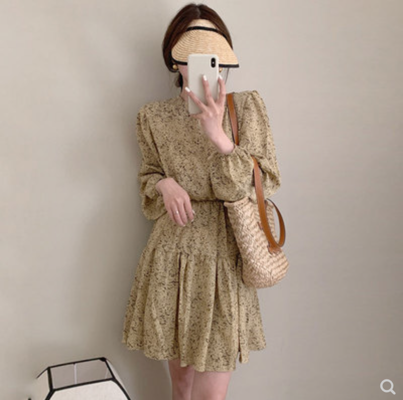 韓國chic春季復古優雅圓領撞色碎花拼接荷葉邊雪紡連衣裙短裙女23053002