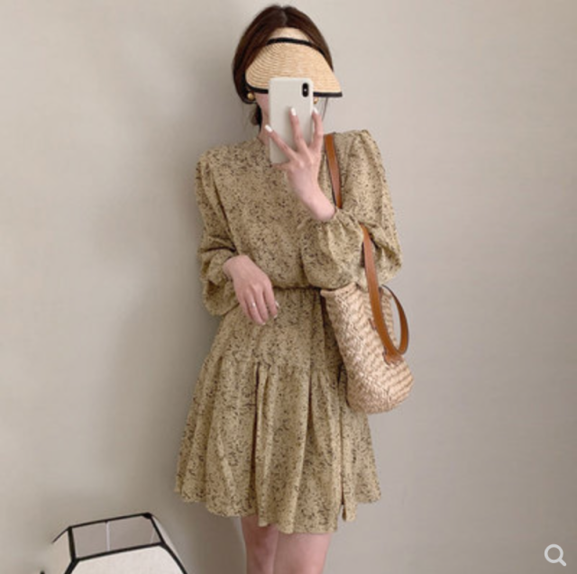 韓國chic春季復古優雅圓領撞色碎花拼接荷葉邊雪紡連衣裙短裙女23053002