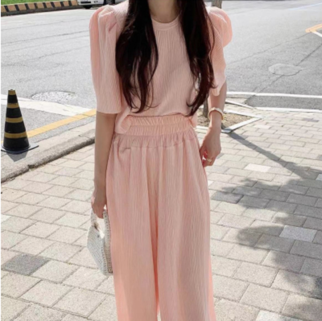 韓國東大門休閒套裝女紋理感上衣夏季氣質高腰闊腿褲直筒褲兩件套23053104