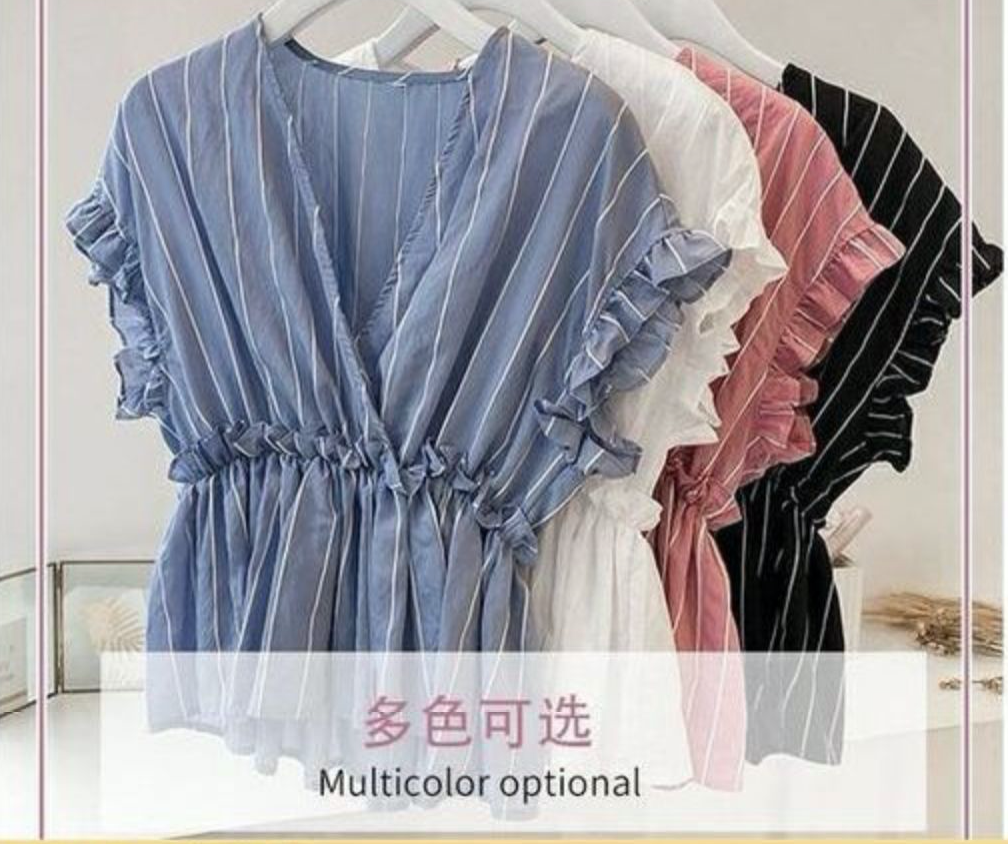 夏季新款條紋雪紡打底小衫韓版v領荷葉短袖上衣服學生女裝收腰T恤23060307