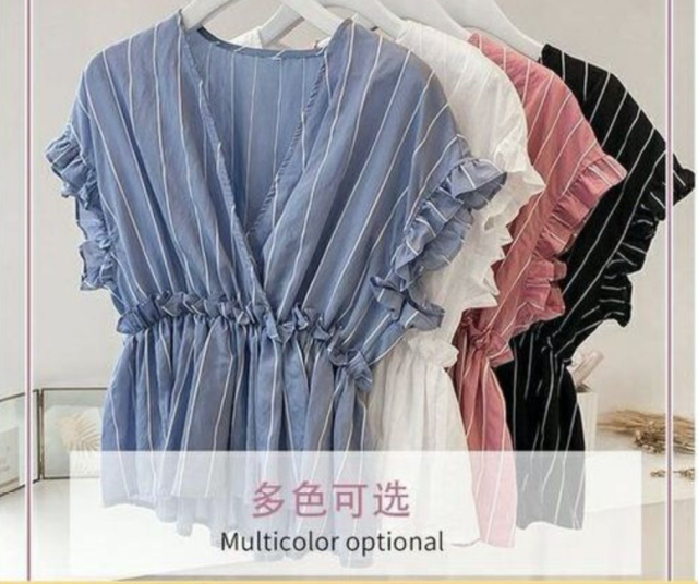 夏季新款條紋雪紡打底小衫韓版v領荷葉短袖上衣服學生女裝收腰T恤23060307