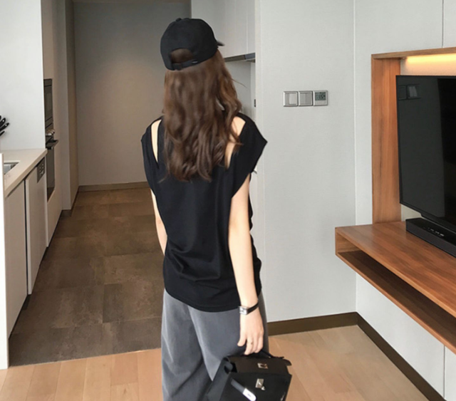 純棉夏裝露肩t恤女短袖鏤空漏背上衣寬松韓版設計感體桖小眾ins潮23060401