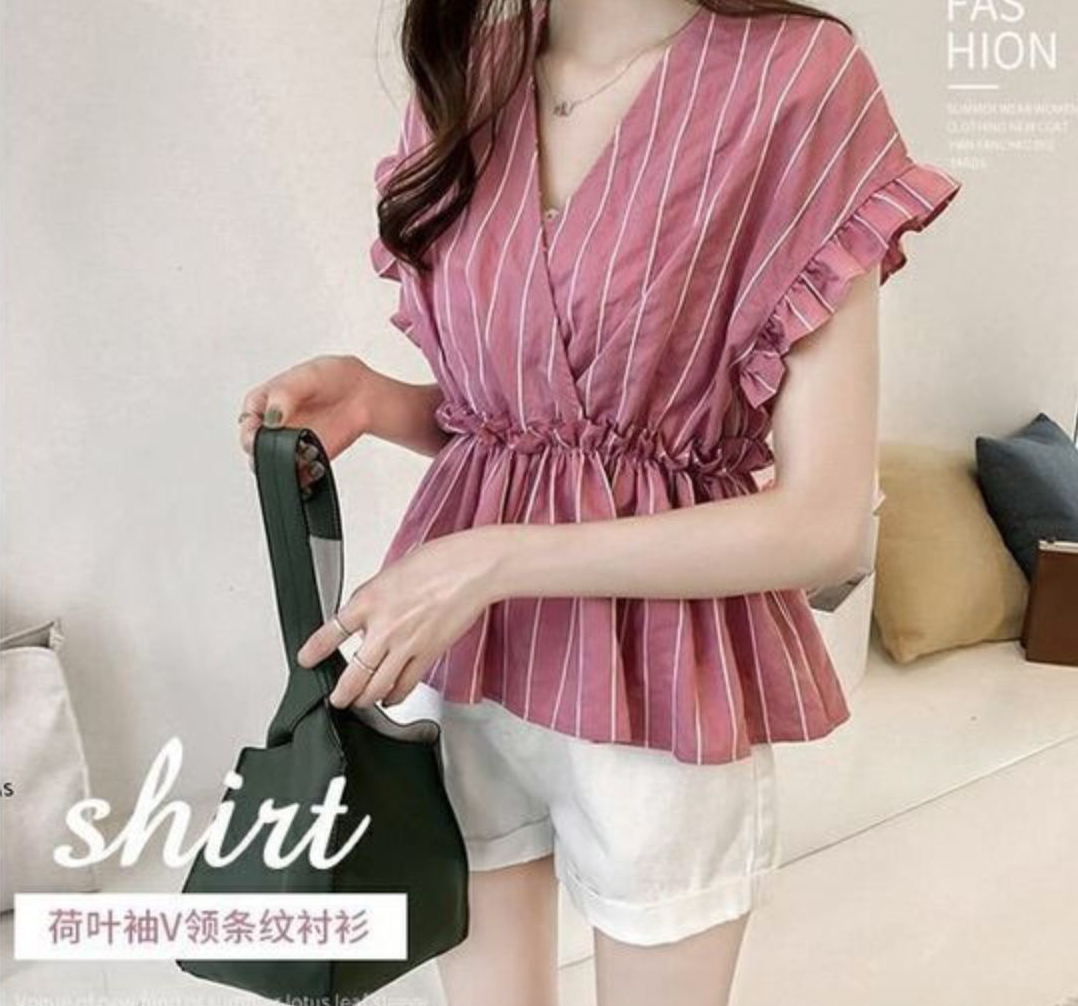 夏季新款條紋雪紡打底小衫韓版v領荷葉短袖上衣服學生女裝收腰T恤23060307