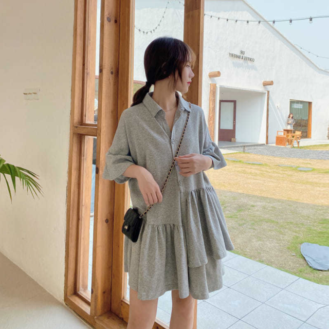 大碼不規則連衣裙女夏季韓版寬松中長款荷葉邊下擺裙子23060607