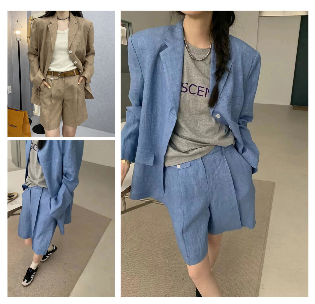 韓國chic復古氣質薄款防曬西服外套高腰斜口袋闊腿休閒短褲套裝23061102