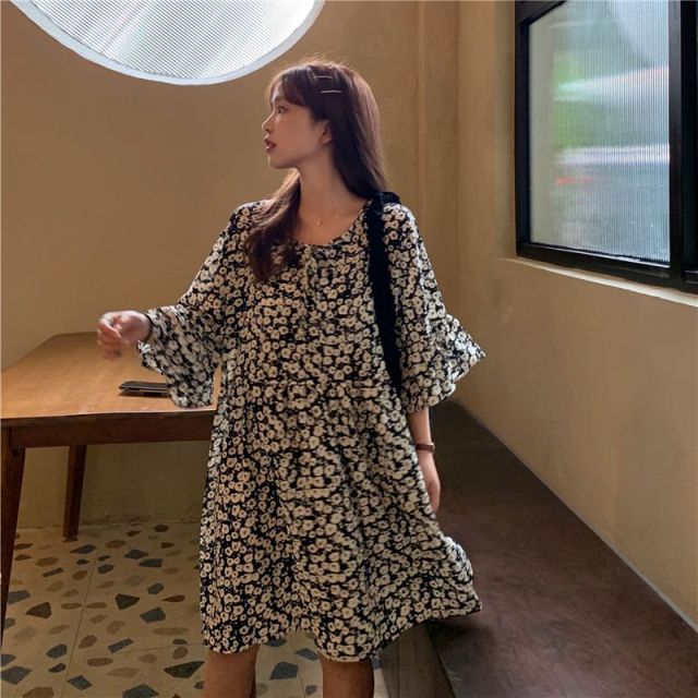 顯瘦寬松遮肚雪紡連衣裙女碎花中長款a字裙子23061003