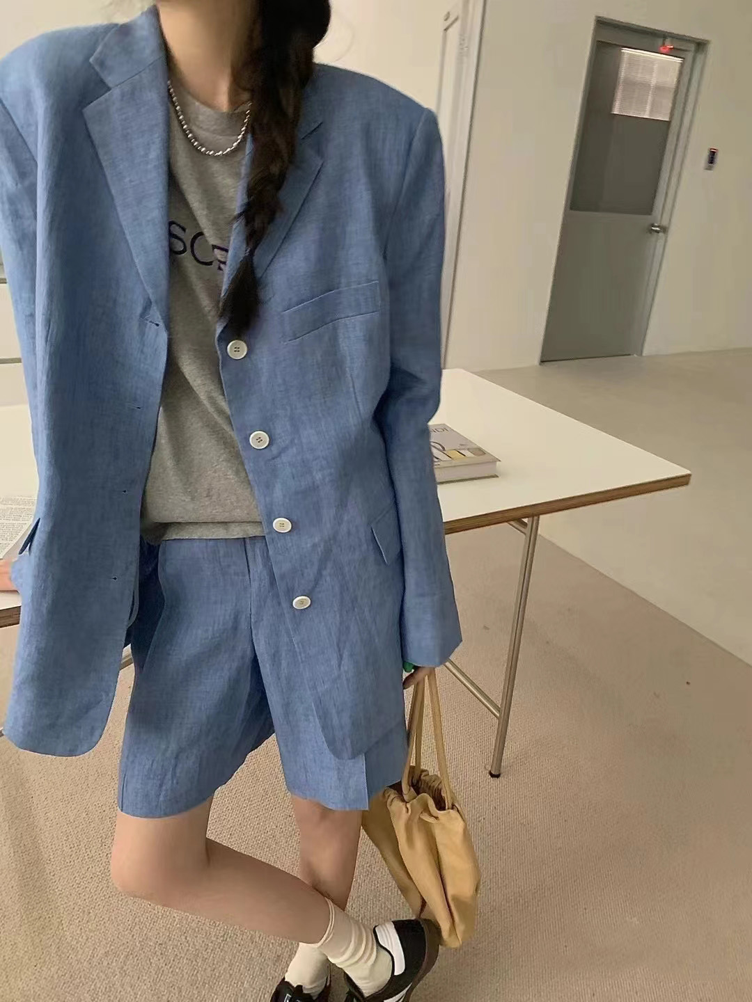 韓國chic復古氣質薄款防曬西服外套高腰斜口袋闊腿休閒短褲套裝23061102