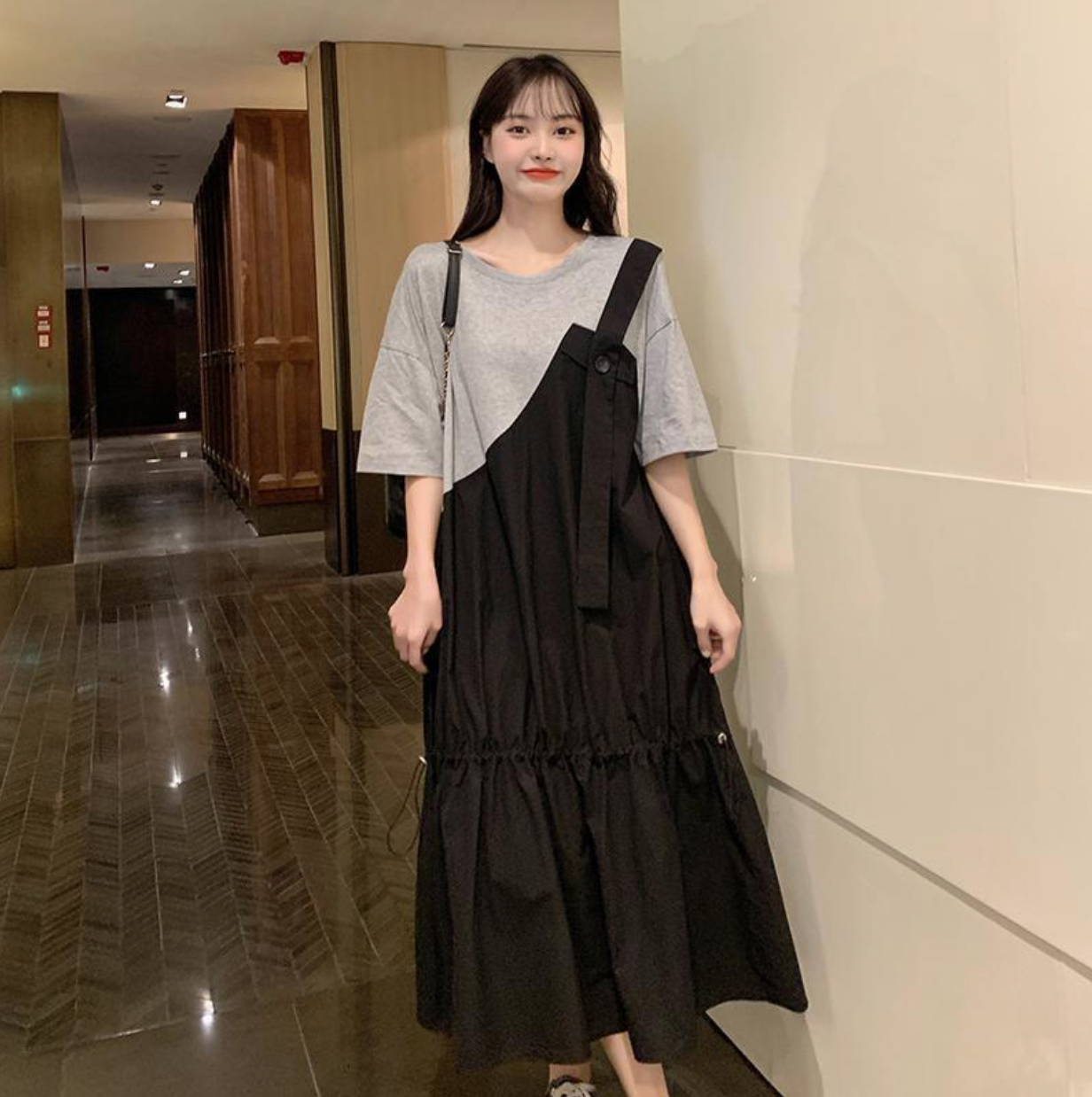 寬松假兩件連衣裙女夏季別緻遮肚子過膝長裙23061903