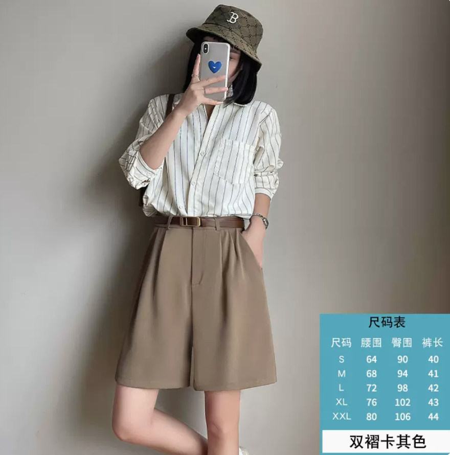 咖色西裝短褲女夏季薄款高腰寬松顯瘦直筒休閒中褲卡其闊腿五分褲23062104