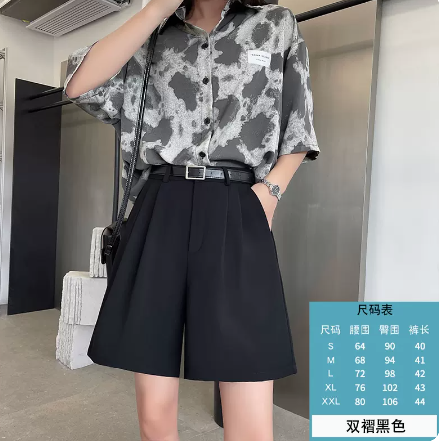 咖色西裝短褲女夏季薄款高腰寬松顯瘦直筒休閒中褲卡其闊腿五分褲23062104