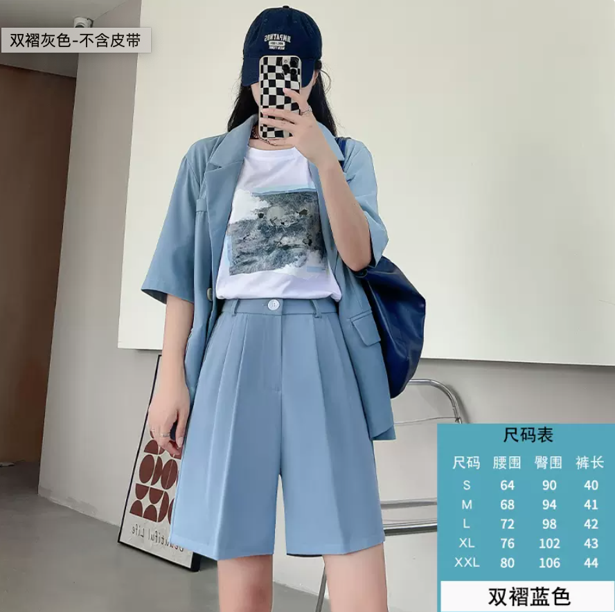 咖色西裝短褲女夏季薄款高腰寬松顯瘦直筒休閒中褲卡其闊腿五分褲23062104