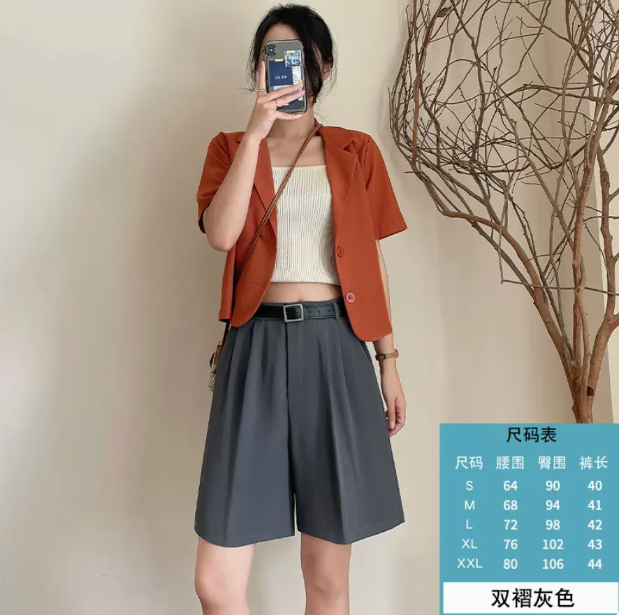 咖色西裝短褲女夏季薄款高腰寬松顯瘦直筒休閒中褲卡其闊腿五分褲23062104