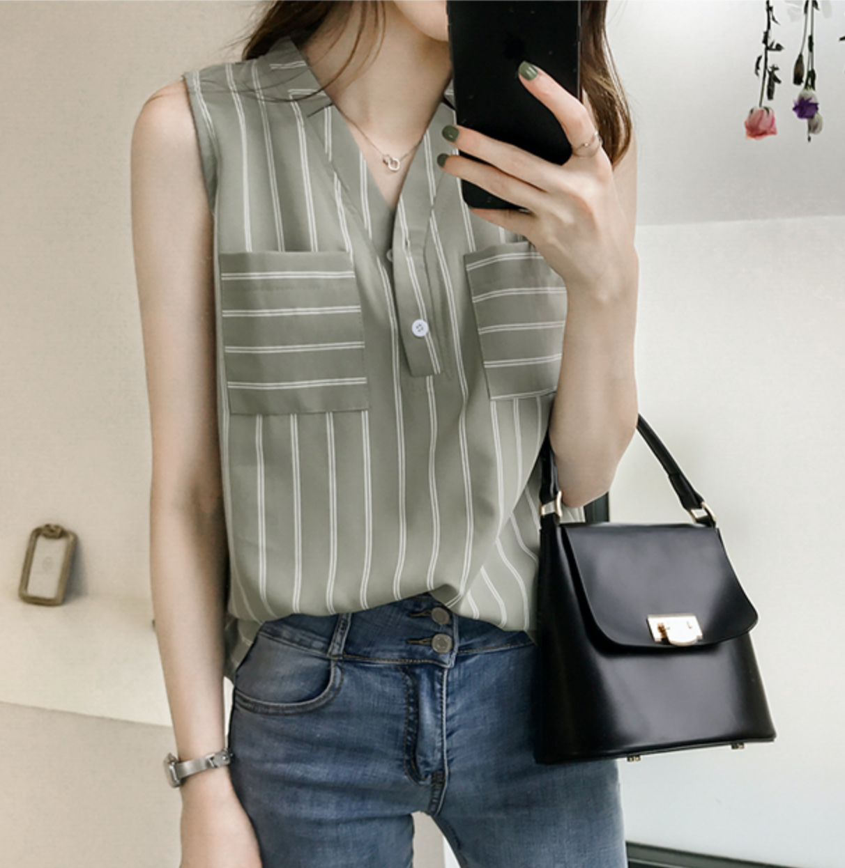 夏季女裝韓版新款寬松大碼V領襯衣背心學生休閒無袖條紋襯衫23062401