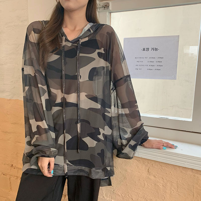 迷彩斑馬連帽夏季薄款防曬罩衫寬松bf慵懶原宿風百搭上衣女ins潮23063002