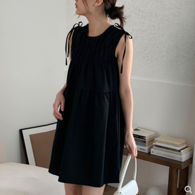 韓系chic小眾復古圓領褶皺感蝴蝶結系帶小個子無袖背心連衣裙女23063006