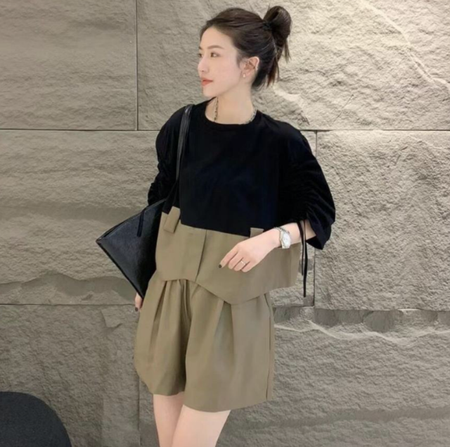 時尚套裝女夏季新款不規則拼接T恤闊腿短褲兩件套23070307