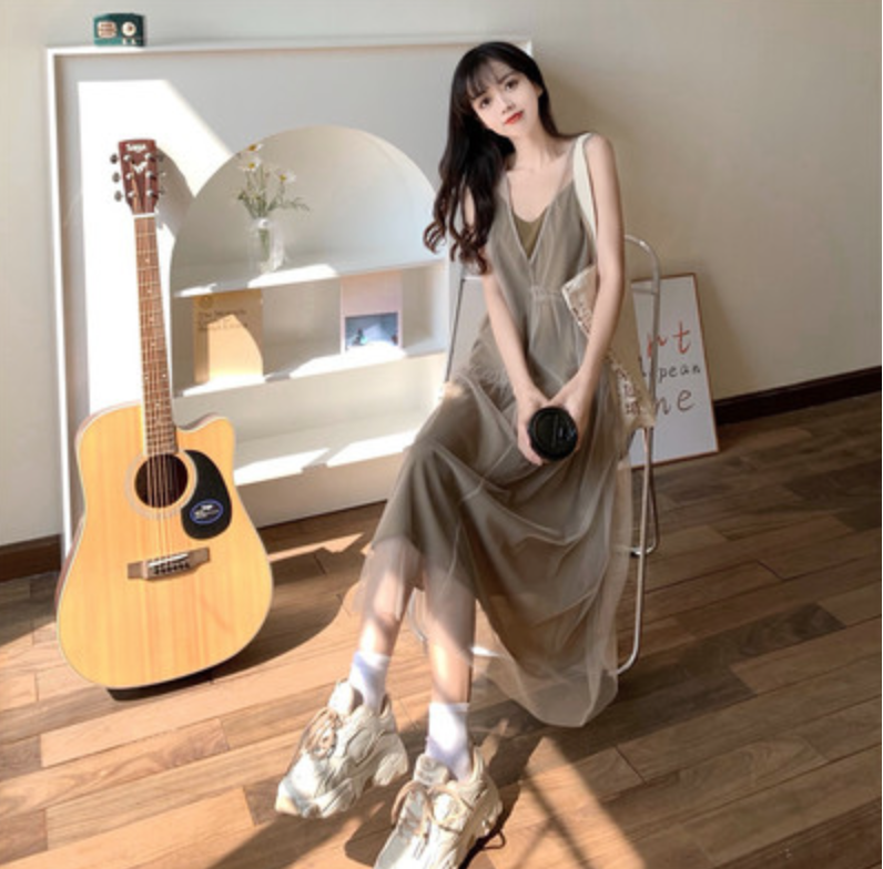 法式初戀網紗v領吊帶連衣裙女夏季寬松休閒顯瘦時尚裙子23070305