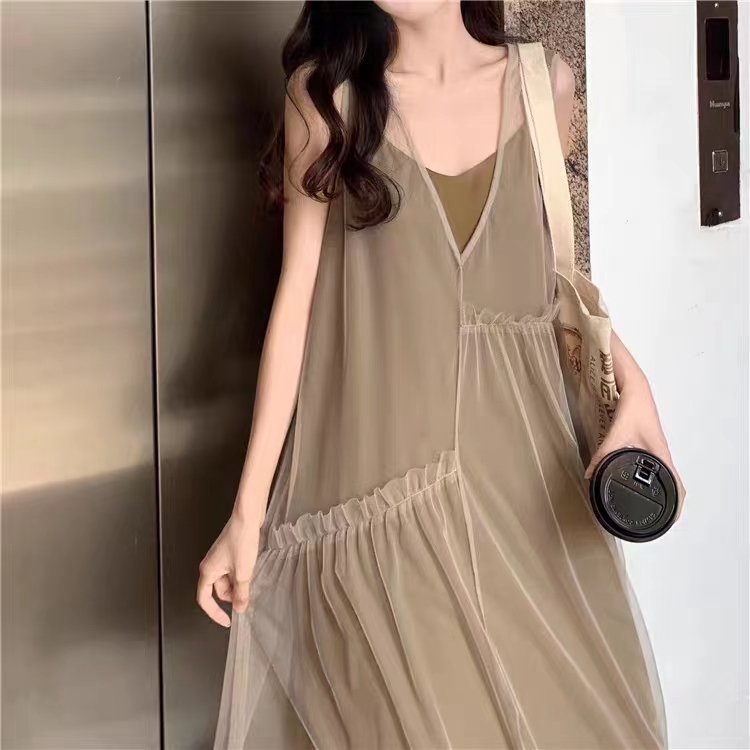 法式初戀網紗v領吊帶連衣裙女夏季寬松休閒顯瘦時尚裙子23070305