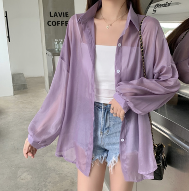 灰色冰絲防曬襯衫女夏季薄款開衫設計感小眾垂感罩衫襯衣外套上衣23070604