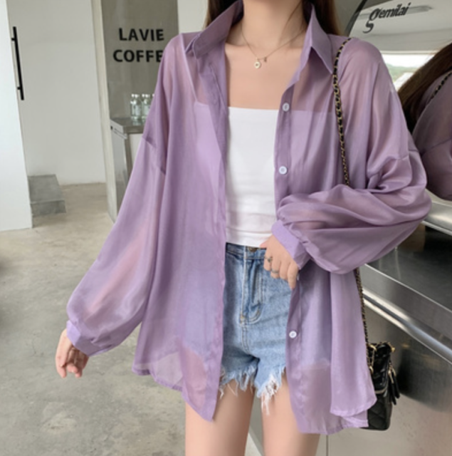 灰色冰絲防曬襯衫女夏季薄款開衫設計感小眾垂感罩衫襯衣外套上衣23070604