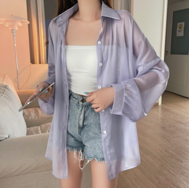 灰色冰絲防曬襯衫女夏季薄款開衫設計感小眾垂感罩衫襯衣外套上衣23070604
