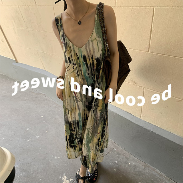 高級感藝術暈染印花背帶裙復活款23070602