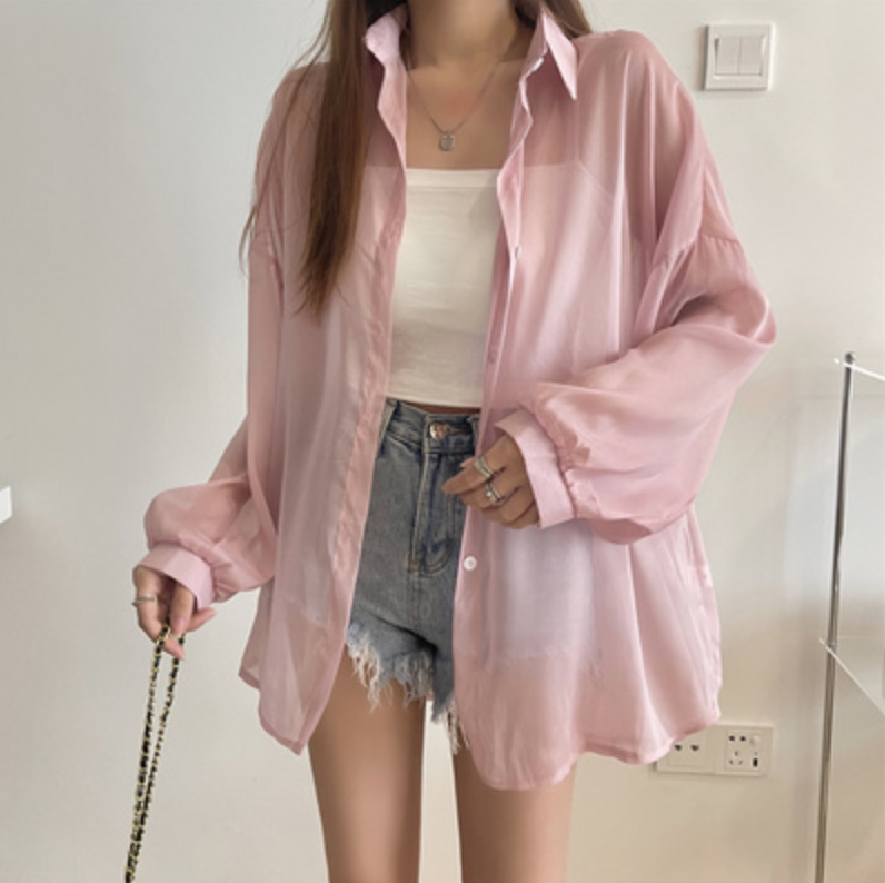 灰色冰絲防曬襯衫女夏季薄款開衫設計感小眾垂感罩衫襯衣外套上衣23070604
