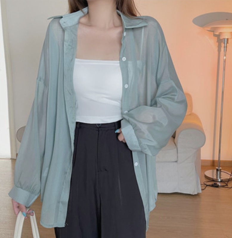 灰色冰絲防曬襯衫女夏季薄款開衫設計感小眾垂感罩衫襯衣外套上衣23070604