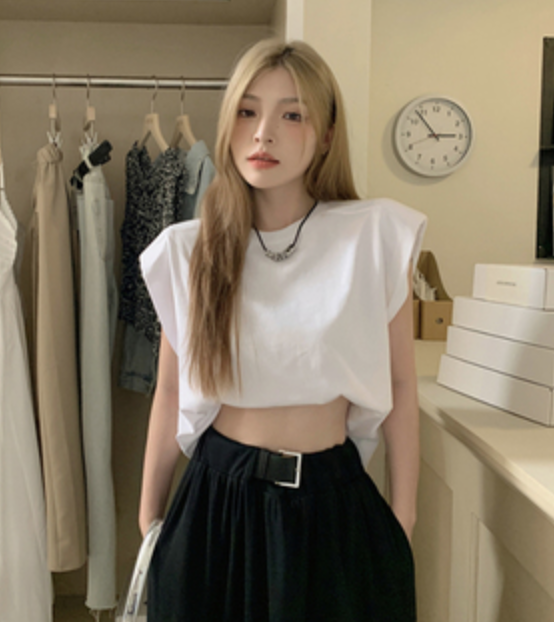 無袖背心T恤女夏季新款復古寬松黑色百搭網紅ins超火圓領上衣23071104