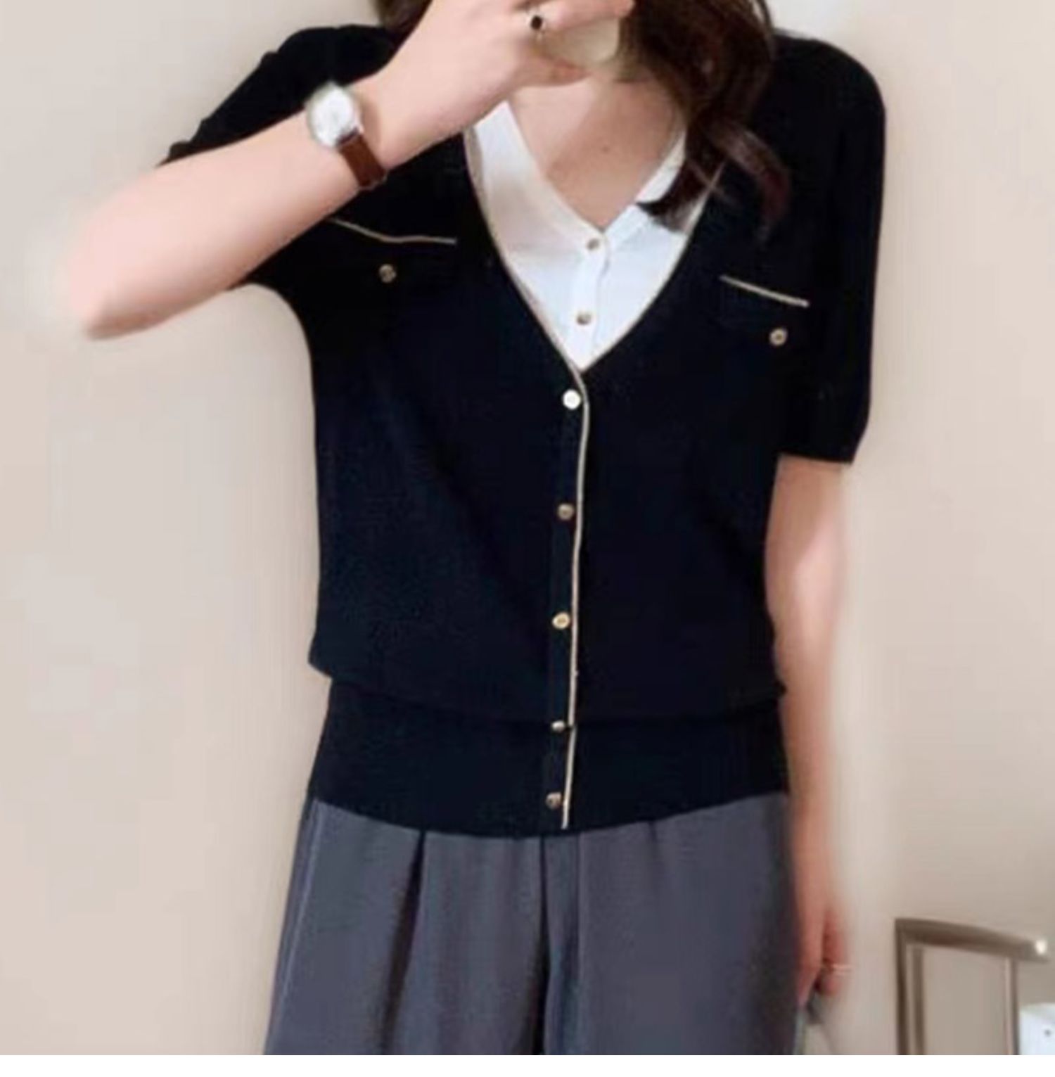 通勤拼色拼接V领假两件宽松冰丝针织衫23071407